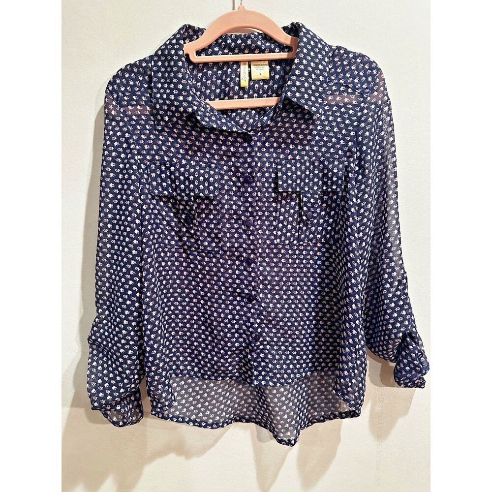 Womens Floral Sheer Button Top S Navy Blue Long Sleeve Bloomcore Spring Colorful
